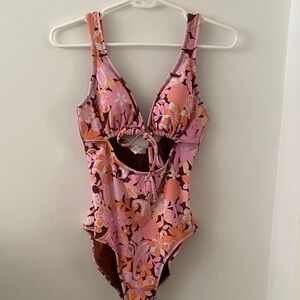 Floral Cutout One-Piece Swimsuit - Pink & Orange